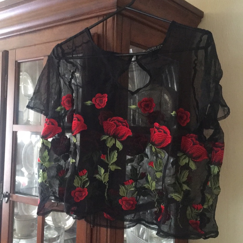 mesh rose print shift top